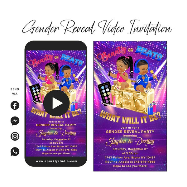 Beauty or Beats Gender Reveal Video Invitation, Boy or Girl Gender Reveal Video Invitation, Pink or Blue Gender Reveal Video Invitation,