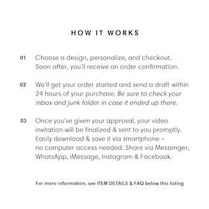 May include: White background with the text "HOW IT WORKS" at the top. The text describes the process: choose a design, personalize, and checkout; receive a draft within 24 hours; and download and save via smartphone. Includes social media sharing options.