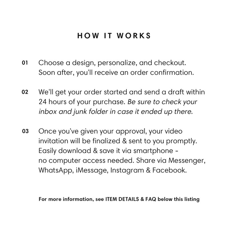 May include: White background with the text "HOW IT WORKS" at the top. The text describes the process: choose a design, personalize, and checkout; receive a draft within 24 hours; and download and save via smartphone. Includes social media sharing options.
