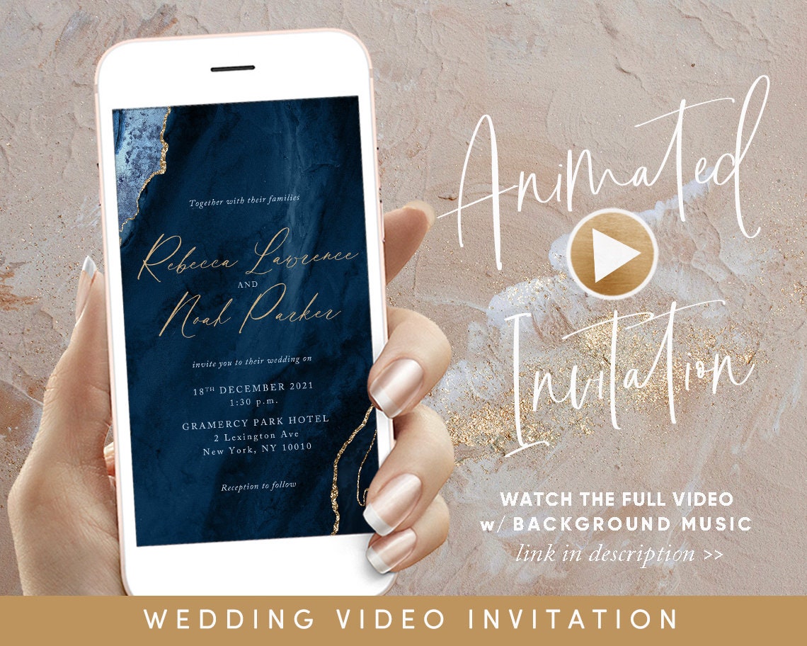 Navy Blue & Gold Agate Wedding Video Evite Electronic Wedding - Etsy Ireland
