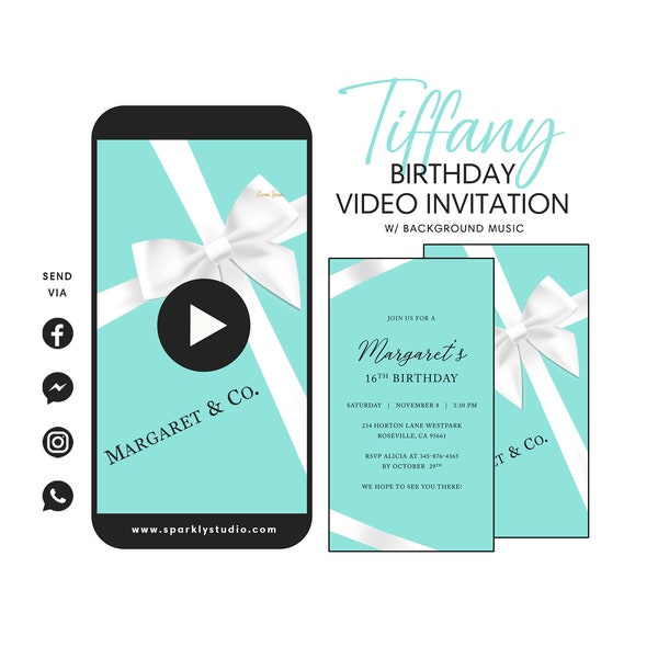 Tiffany-Geburtstags-Video-Einladung, Frühstück bei Tiffanys Geburtstagseinladung, Tiffany-Thema-Geburtstags-Einladung für Erwachsene