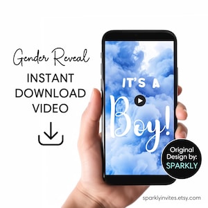 May include: A smartphone displaying a gender reveal video with blue smoke and the text "It's a Boy!" The video is playing and a play button is visible on the screen.