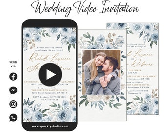 Wedding Video Invitation, Save The Date Video, Dusty Blue Florals Photo Wedding Video Invitation, Digital Wedding Invitation Save The Date