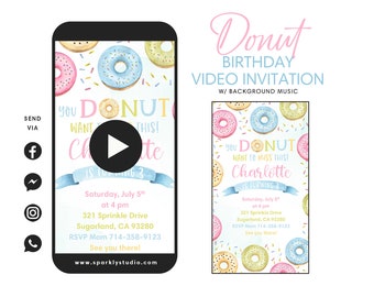 Donut Party Video Invitation, Donut Birthday Invitation, Donut Pink Girl Invitation, Donut Birthday