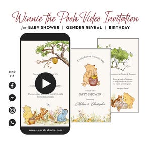 Convite de chá de bebê em vídeo do Ursinho Pooh, Ideias de convites de vídeo clássicos do Ursinho Pooh, Ursinho Pooh em espanhol, Primeiro aniversário, Revelação do sexo do bebê