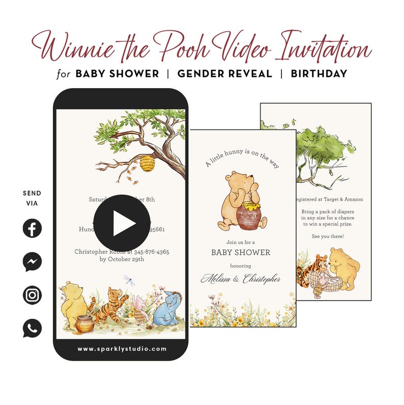 Pu&ograve; includere: Invito video per un baby shower a tema Winnie the Pooh. L'invito presenta un'illustrazione ad acquerello di Winnie the Pooh e dei suoi amici. Il testo sull'invito recita: "Un piccolo hunny &egrave; in arrivo. Unisciti a noi per un baby shower in onore di Melissa e Christopher."