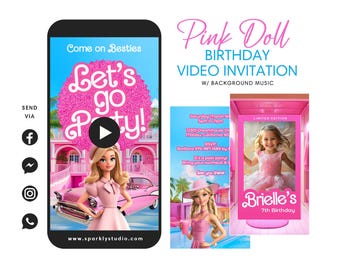 Invito video di compleanno Pink Glam Doll, tema bambola alla moda, festa per ragazze, invito digitale