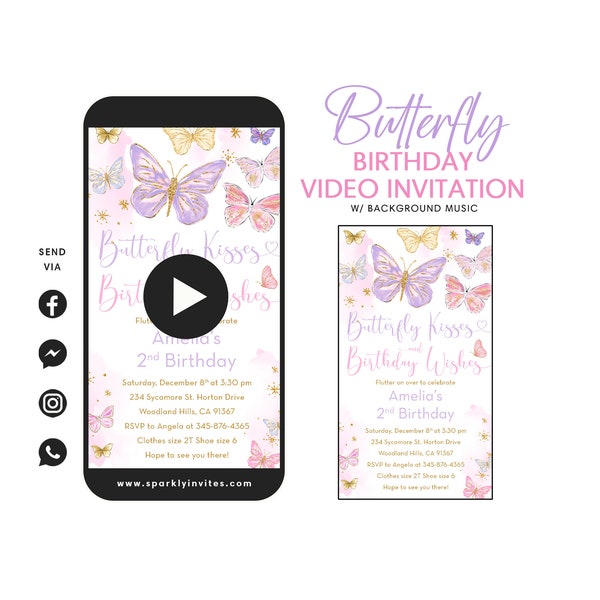 Vlinder verjaardag video-uitnodiging, vlinder thema uitnodiging, elektronische vlinder verjaardagsuitnodiging, digitale vlinder uitnodiging