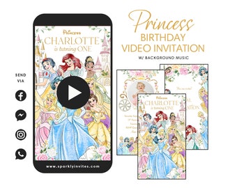 May include: A digital video invitation for a princess-themed birthday party. The invitation features a collage of Disney princesses, a castle, and the text "Princess Charlotte is turning one".