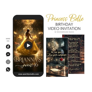 Invito video per la principessa Belle de La bella e la bestia, invito video per la festa della Quinceañera, invito video per la festa dei 16 anni, ballo di fine anno, Save the Date