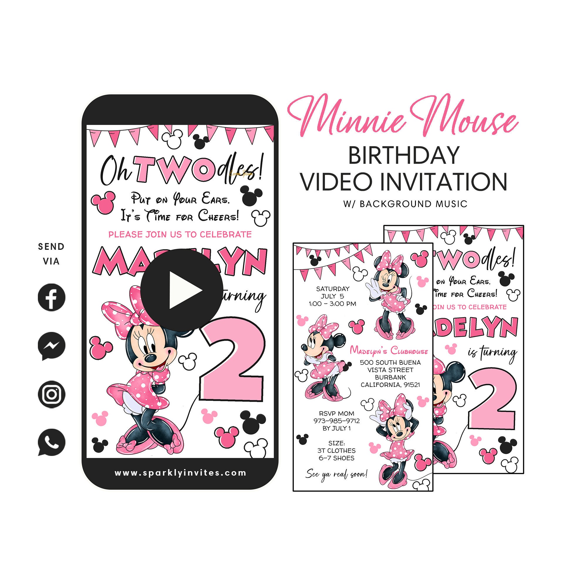 Minnie Mouse Video Invitation Minnie Oh Twodles Invitation Minnie Mouse Birthday Video Invitation ANY AGE Minnie Birthday