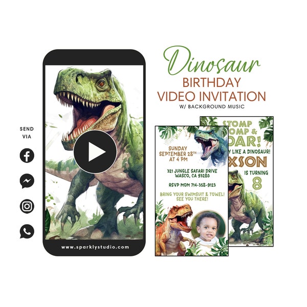 Invitation vidéo dinosaure, invitation vidéo T-Rex, invitation fête dinosaure, invitation numérique dinosaure T-Rex, invitation trois rex
