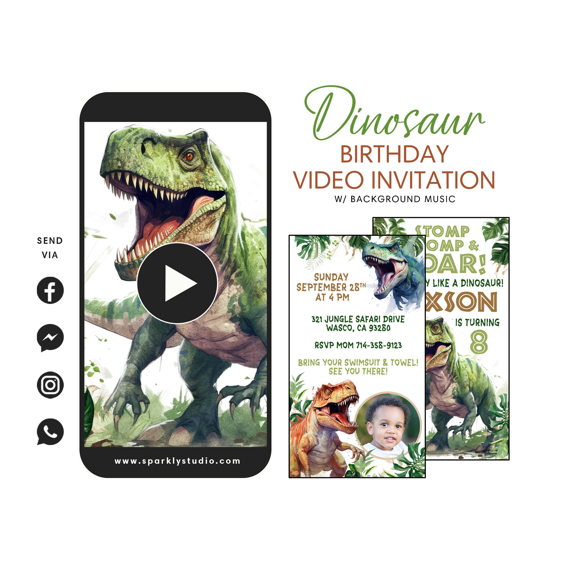 Dinosaur Video Invitation, T-Rex Video Invitation Ideas, Dinosaur Party Invitation, Jurassic T-Rex Video Invitation, Three-rex Invitation