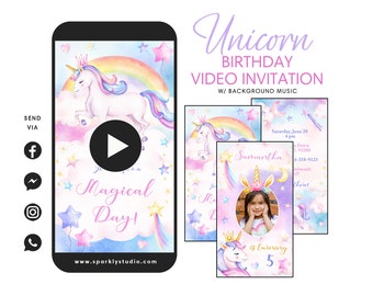 Unicorn Party Video Invitation, Digital Unicorn Theme Birthday Party Electronic Invitation, Unicorn Invitation, Unicorn Birthday Invitation