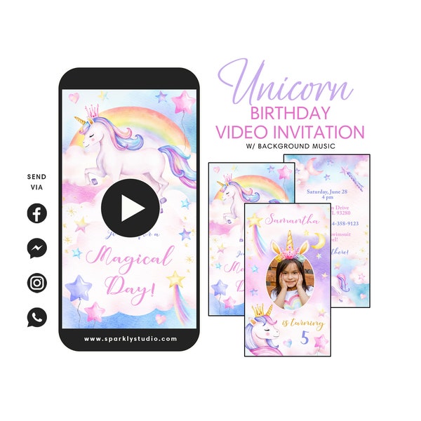 Unicorn Party Video Invitation, Digital Unicorn Theme Birthday Party Electronic Invitation, Unicorn Invitation, Unicorn Birthday Invitation