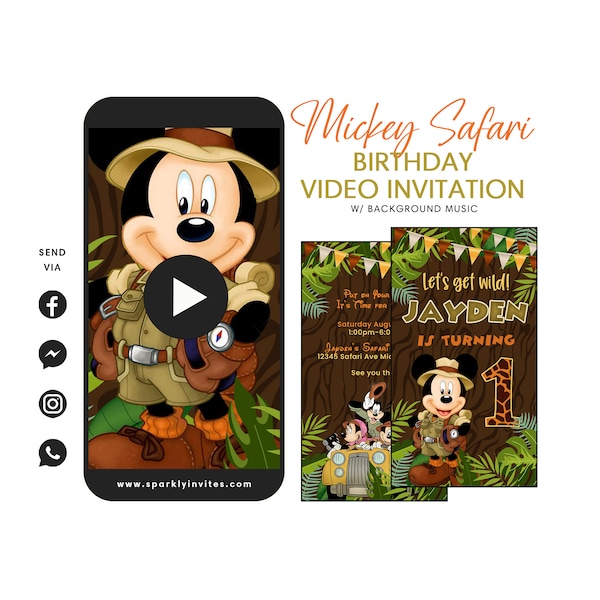 Mickey Mouse Safari Video Invitation, Mickey Mouse Safari Invitation, Mickey Mouse Safari Birthday Party Invitation