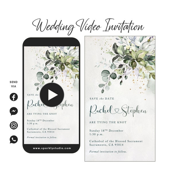 Wedding Video Invitation, Save The Date Video, Simple Botanical Greenery Wedding Video Invitation, Greenery Save The Date Video