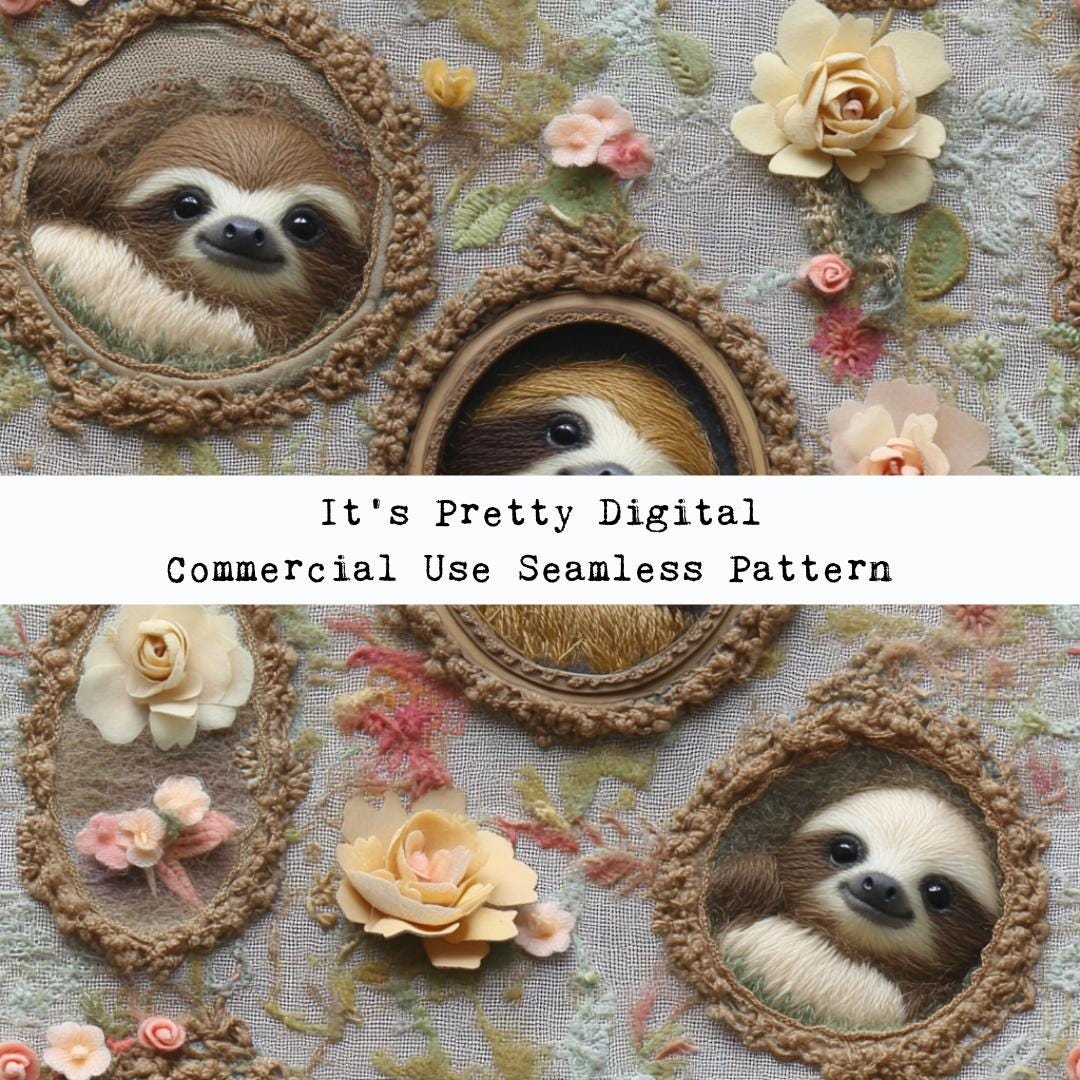 Cute Felt Effect Sloths Floral Baby Animals Seamless Repeat Pattern ...