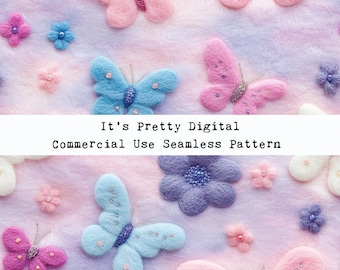 fluffy felt butterflies flowers realistic seamless repeat pattern design custom fabric printing commercial use sublimation file tumbler png