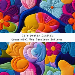 Könnte beinhalten: Ein lebendiges, nahtloses digitales Muster mit farbenfrohen, stilisierten Blumen und Blattformen in Blau-, Rosa-, Orange-, Gelb- und Lilatönen. Der Text "It's Pretty Digital Commercial Use Seamless Pattern" wird unten angezeigt.