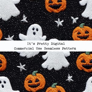 realistic embroidery halloween spooky ghosts seamless repeat pattern design custom fabric printing sublimation tumbler background wallpaper