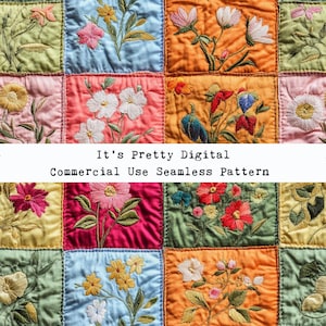 May include: A seamless pattern featuring a patchwork of colorful squares with embroidered floral designs. Each square has a different color and floral pattern, creating a vibrant and intricate design.