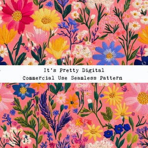 May include: A seamless pattern featuring a variety of colourful flowers on a pink background. The flowers include pink, yellow, blue, and white blooms. The pattern is perfect for use in a variety of creative projects.