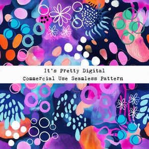 May include: A seamless pattern featuring a vibrant mix of colours, including pink, blue, orange, and white. The pattern includes abstract shapes, circles, and stylised flowers. The text "It's Pretty Digital Commercial Use Seamless Pattern" is displayed at the bottom of the image.