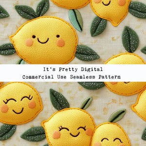 May include: A repeating pattern of smiling yellow lemons with green leaves on a light background. The lemons have rosy cheeks and a textured surface. The text "It's Pretty Digital Commercial Use Seamless Pattern" is visible in the image.