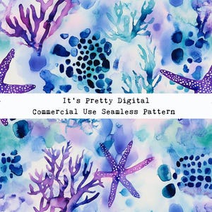 May include: Seamless pattern featuring watercolour illustrations of coral, starfish, and bubbles in shades of blue, purple, and pink. The pattern is perfect for creating a variety of projects, such as fabric, wallpaper, and wrapping paper.