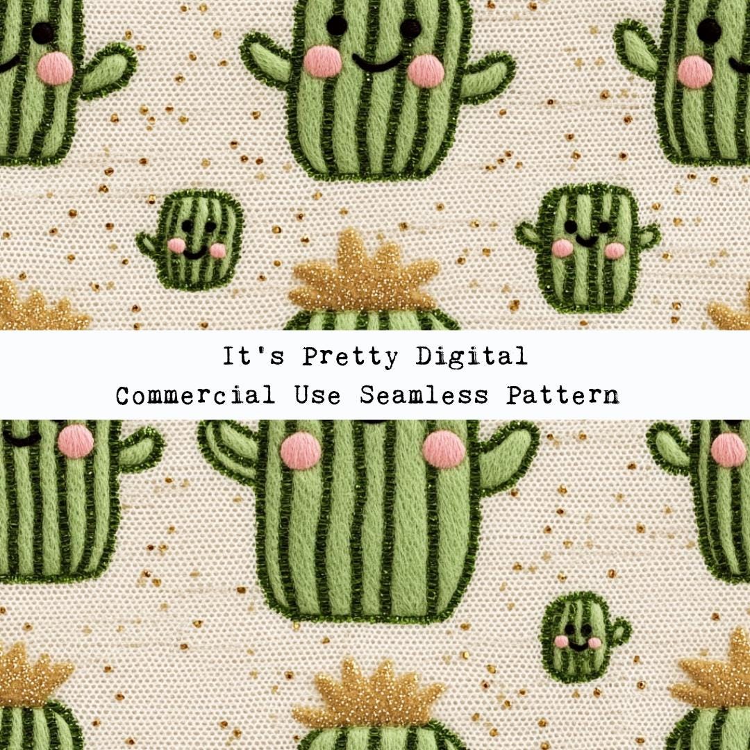 Happy Felt Kawaii Cactus Seamless Repeat Pattern Design Custom Fabric ...