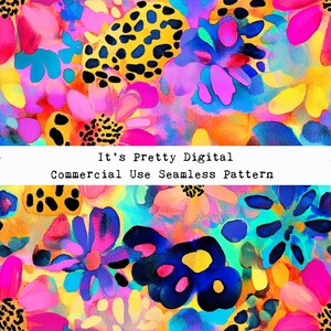 May include: A seamless pattern featuring bright, colorful flowers and abstract shapes in a watercolor style. The pattern includes yellow, orange, pink, blue, green, and purple colors. The text "It's Pretty Digital Commercial Use Seamless Pattern" is included in the image.