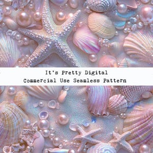 May include: A seamless pattern featuring iridescent seashells, pearls, and starfish on a white background. The pattern is perfect for creating a beachy or nautical theme.