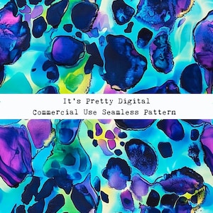 May include: Abstract seamless pattern featuring blue, purple, green, and yellow colours. The pattern is made up of overlapping circles and swirls. It's Pretty Digital Commercial Use Seamless Pattern.