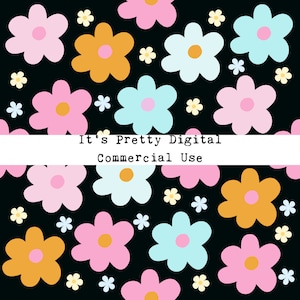 Retro Daisies Black Seamless Pattern Surface Design Commercial Use repeat custom fabric printing sublimation file tumbler background