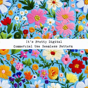 Blue wildflowers bright floral embroidery style 3d three dimensional seamless digital repeat pattern commercial use sublimation file tumbler