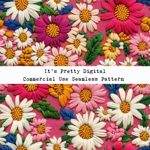 Felroze retro madeliefjes borduurstijl 3D driedimensionale bloemen commercieel gebruik naadloze stof realistisch
