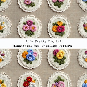 May include: A seamless pattern with embroidered floral designs in pink, yellow, and blue, set in oval frames with a white lace border. The text "It's Pretty Digital Commercial Use Seamless Pattern" is displayed.
