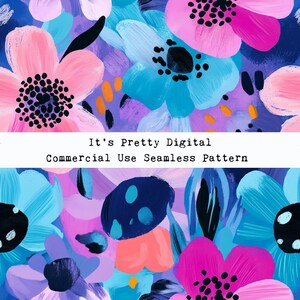 May include: A seamless pattern featuring bright pink, blue, and purple flowers with black centres. The background is a dark blue colour. The text "It's Pretty Digital Commercial Use Seamless Pattern" is at the top of the image.