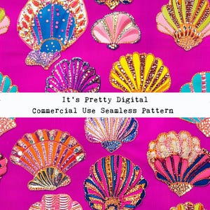 Puede incluir: Un patrón vibrante y sin costuras con diseños ornamentados en forma de abanico en varios colores como rosa, azul, amarillo y naranja. Los abanicos están adornados con lentejuelas y cuentas, sobre un fondo rosa brillante. El texto dice "It's Pretty Digital Commercial Use Seamless Pattern."