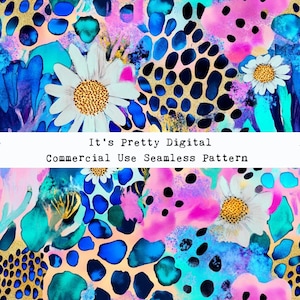 Peut inclure: Un motif sans couture avec un design abstrait coloré avec des accents bleus, roses et dorés. Le motif comprend des marguerites blanches et un imprimé léopard.