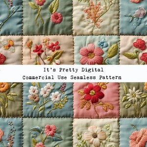 Pode incluir: Um padrão sem costura com flores bordadas em várias cores, incluindo rosa, vermelho e branco, em um design de colcha de retalhos. O texto "It's Pretty Digital Commercial Use Seamless Pattern" é exibido.