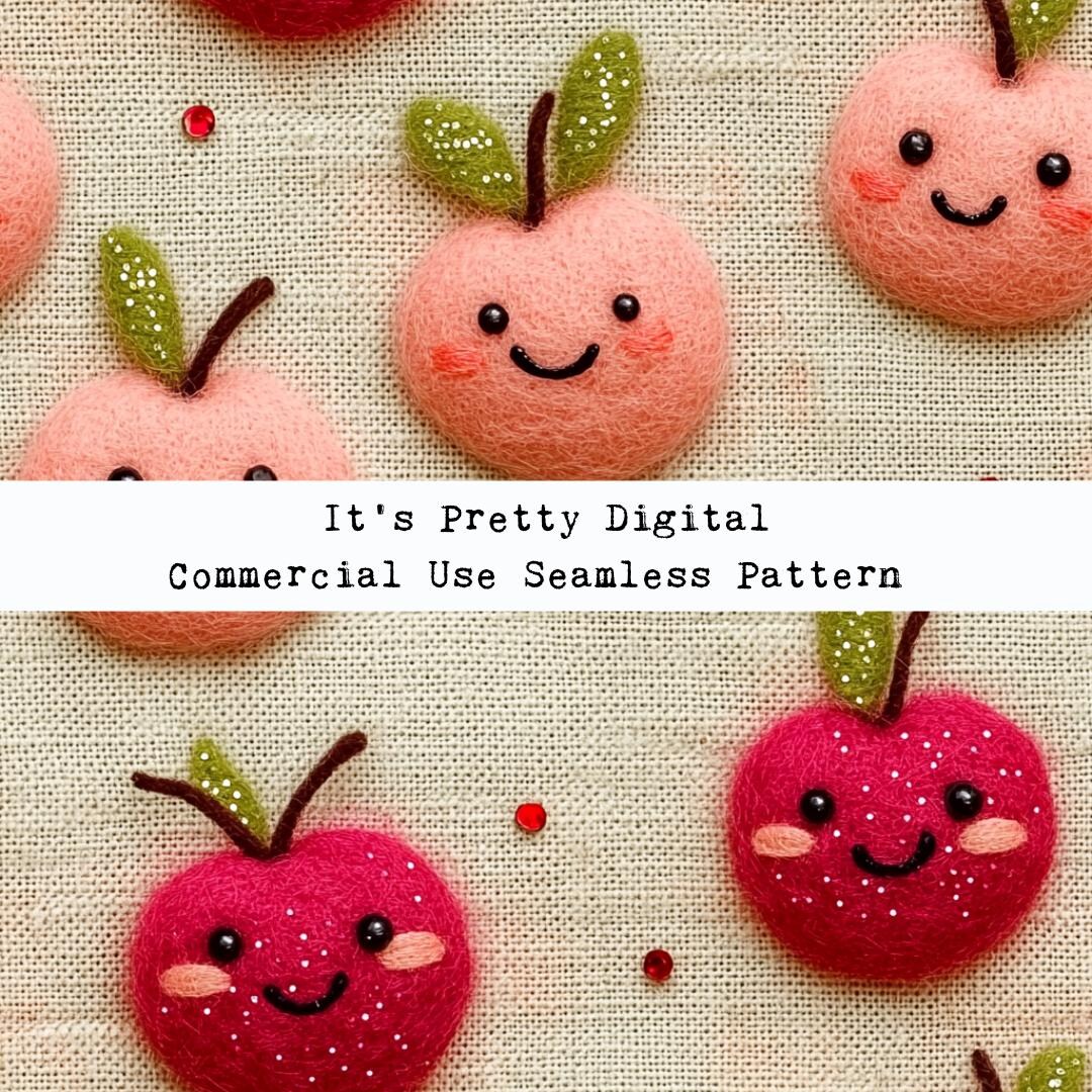 Cute Kawaii Style Happy Cherries Felt Seamless Repeat Pattern Deign