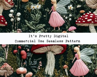 fairies fairy garden embroidery felt moss mushrooms seamless repeat pattern design custom fabric sublimation tumbler background wallpaper