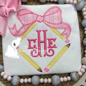 Girls Back to School Shirt – Embroidered Pencil Monogram Tee