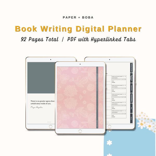 Book Writing Digital Planner for Writers & Authors. Character Profile, Novel Plotting, Word Count Tracker, and more. PDF Instant Download