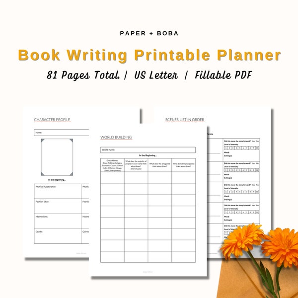Book Writing Planning Printable for Writers. Includes Word Count Tracker, Character Profile, World Building, Plotting, and more. US Letter