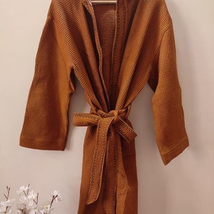 Organic Waffle Bathrobe, Cotton Dressing Gown, Hooded Kimono Robe, Pool Coverup, Handmade Robe, Beach Robe,Unisex Robe with Pockets,Spa Robe