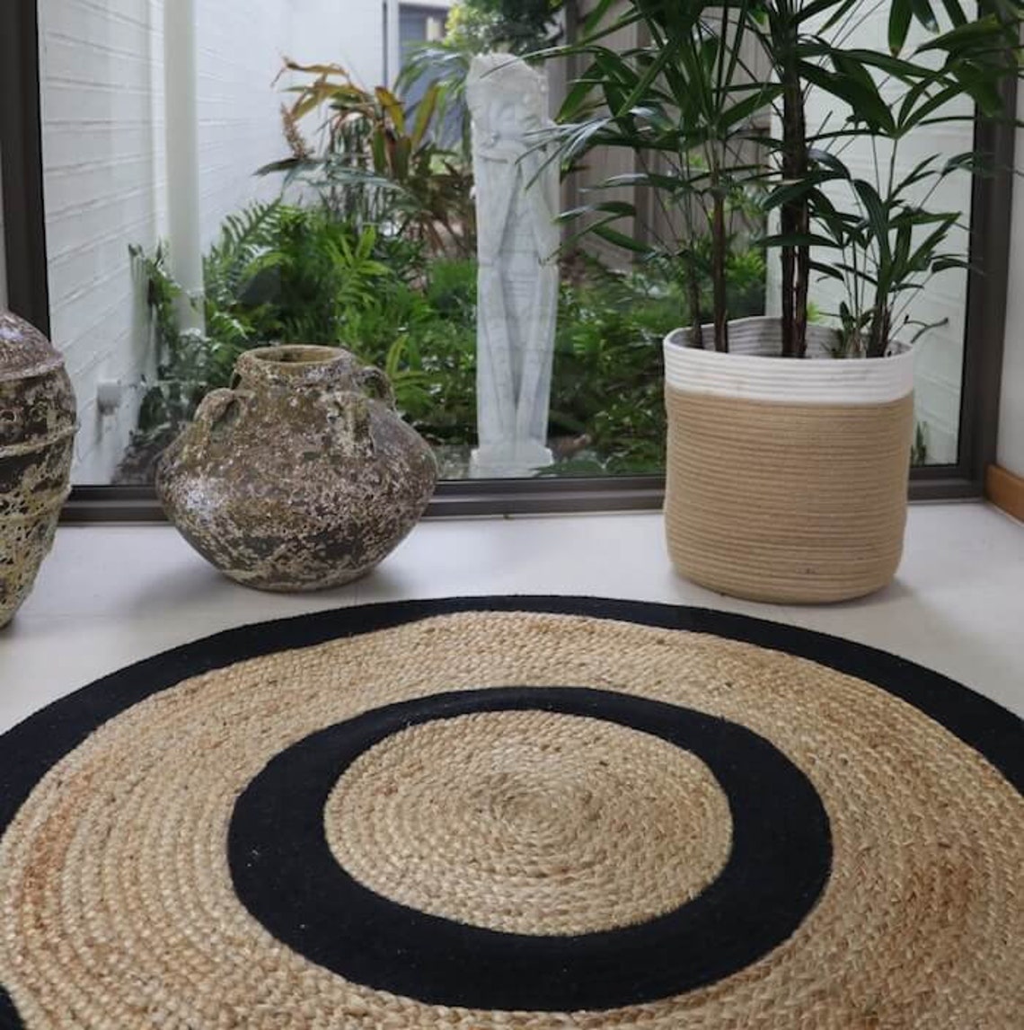 Jute Round Rugs Black Border Natural Jute Rugs Natural Fiber Etsy