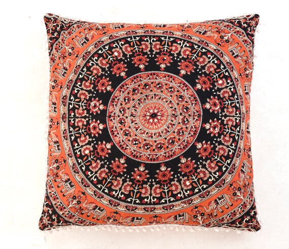 26 Inch Orange Mandala Square Cushion Cover 100 Cotton Home Etsy